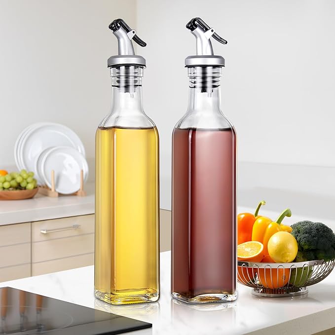 YEBODA 8oz Clear Glass Olive Oil Dispenser Bottles, and Vinegar Cruet Bottle Includes Pourers, Funnel Labels, Cooking Container for Kitchen 6 Pack