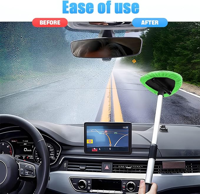Windshield Cleaning Tool, Car Window Cleaner with Extendable Long Handle and 4 Washable Reusable Microfiber Pads