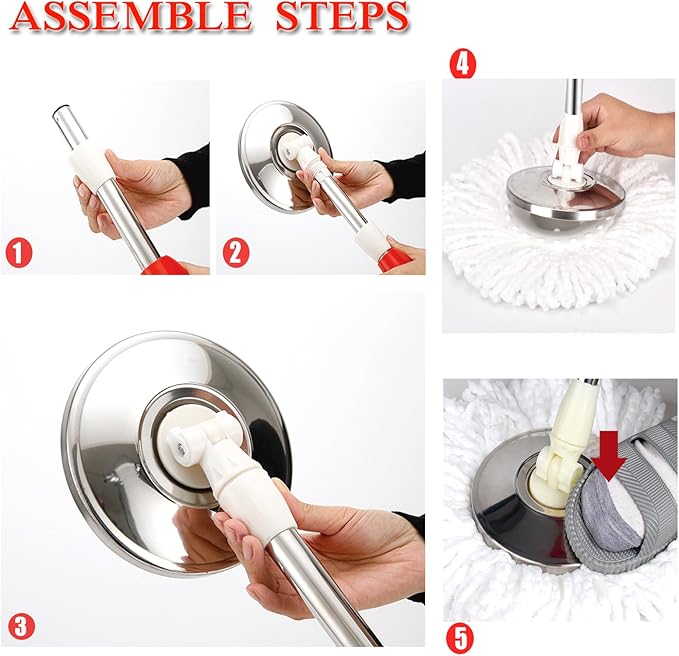Spin Mop Bucket, Spin Mop Bucket System with 2 Mop Heads, Stainless Steel Mop Cleaning Bucket for Floor Cleaning