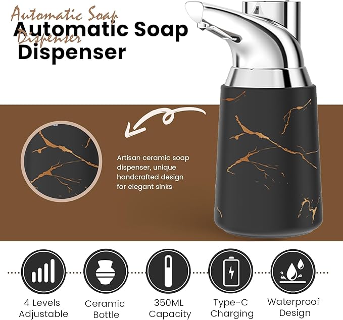 Automatic Liquid Soap Dispenser Touchless:350ML Ceramic Material -4 Level Adjustable Hand & Dish Electric Dispenser,Waterproof Type-c Rechargeable Auto Soap Pump for Bathroom,Kitchen