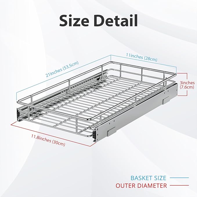 ZOINLIY Pull Out Cabinet Organizer, Versatile Slide Out Kitchen Organizers and Storage,Heavy Duty Drawer Cupboard Storage Basket, Smooth Sliding, Chrome Finish,11.8" W x 21" D