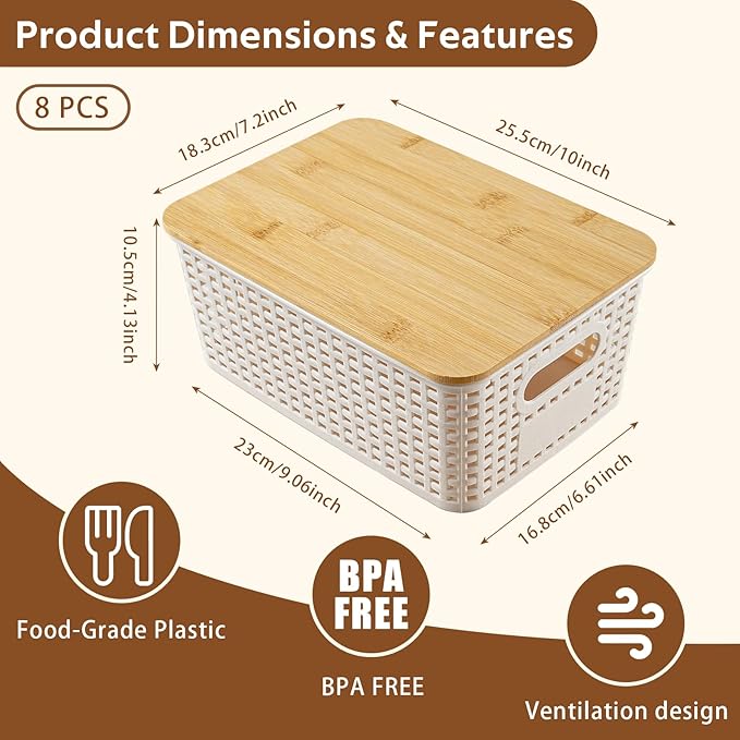 8 Pack Plastic Storage Bins with Bamboo Lids - Stackable Storage Baskets with Handle for Pantry Organizer and Storage
