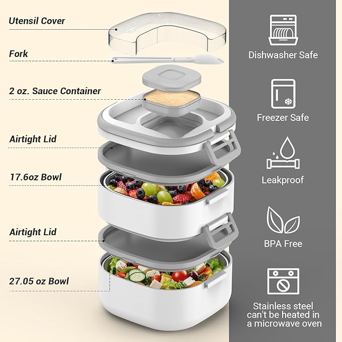 PEDECO Stackable Stainless Steel Bento Box with Insulated bag,Leak-Proof,2-Tier Bento box,Lunch Box With Portable Sauce Pod and Cutlery-for Kids/Adult