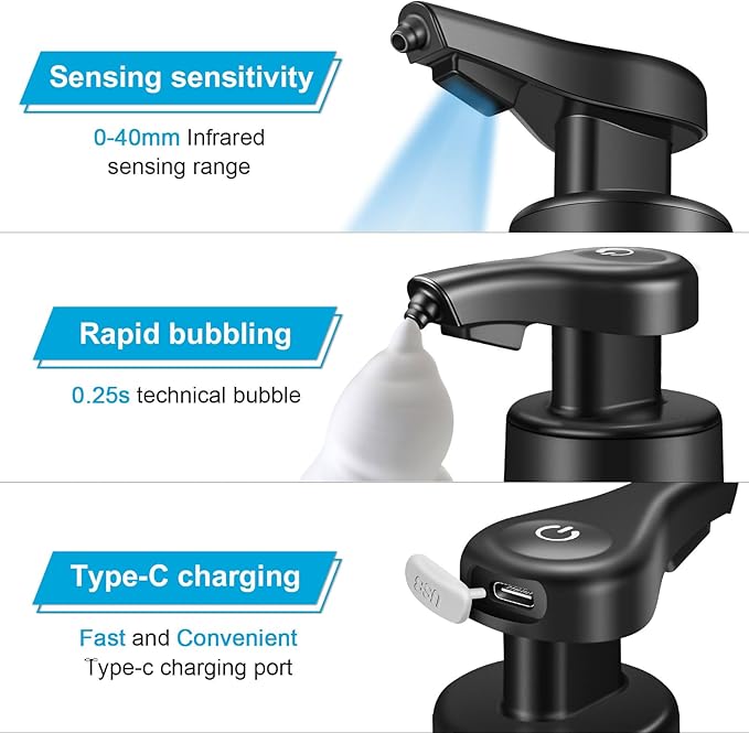 Automatic Foaming Soap Dispenser Touchless Hands-Free: Black Modern Smart Electric Sensor Clog-Free Design for Kitchen & Bathroom, Easy for Kids, Modern Acrylic
