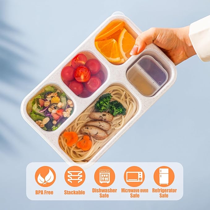 TOUWMX Bento Box Adult, 4 Pack 5 Compartments Meal Prep Container Reusable Food Storage Lunchable Containers with Sauce Containers
