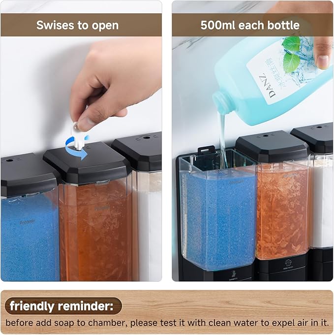 Shampoo and Conditioner Dispenser Wall Mounted, Shower Soap Dispenser No Drill Upadate Easy Slot Install, Shampoo Dispenser for Shower Bathroom Large Capacity 500ml * 3 Chamber Holder Black