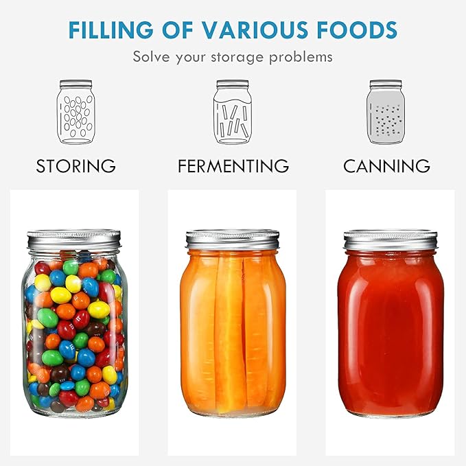 YEBODA 6 Pack Wide Mouth Mason Jars 32oz Glass Canning Jars with Airtight Lids and Bands for Preserving, Jam, Honey, Jelly, Wedding Favors, Sauces