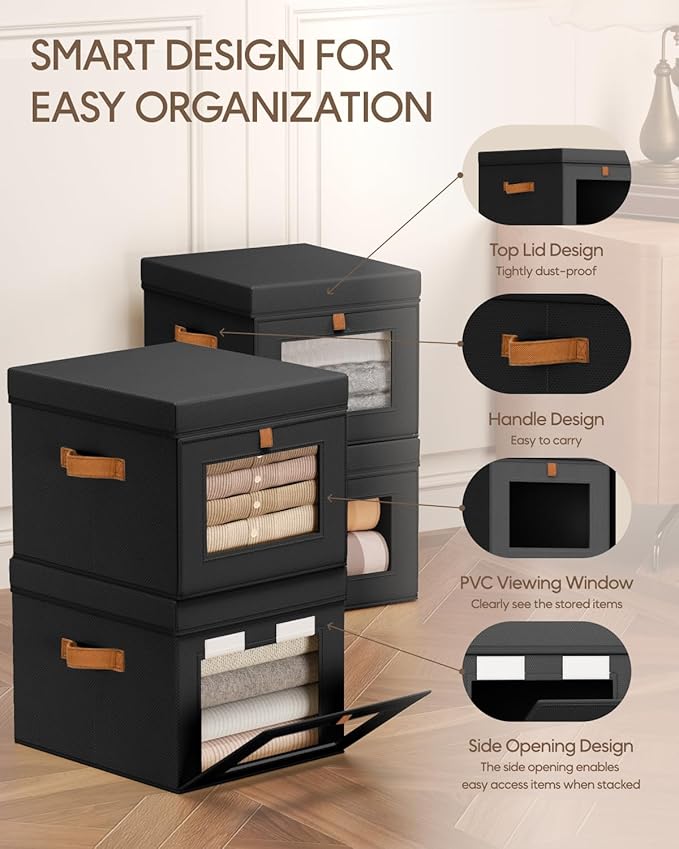 Homsorout Storage Bins with Lid – Closet Organizer with Side Opening and Clear Window, Foldable Stackable Fabric Basket for Clothes, Home, Office - 13.77" x 11.8" x 9.8", 4 Pack, Black