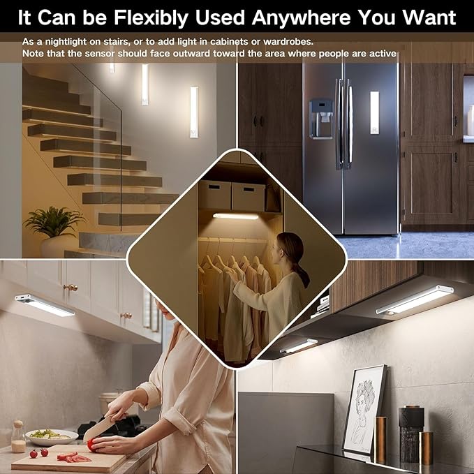 Motion Sensor Under Cabinet Lighting-Magnetic Rechargeable Closet Lights for Kitchen,Stairs,Wardrobe | 3-Color Dimmable LED Under Counter Lighting | Pro Battery Upgrade (16inch-4Pack)