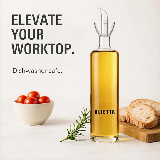 Olietta Oil Dispenser Borosilicate Glass Olive Oil Bottle Multipack Bundle - 3 Bottles - 17 oz, 8.5 oz and 4.2 oz - Non Drip Dispenser - Leak Proof Pourer Vinegar Drizzler