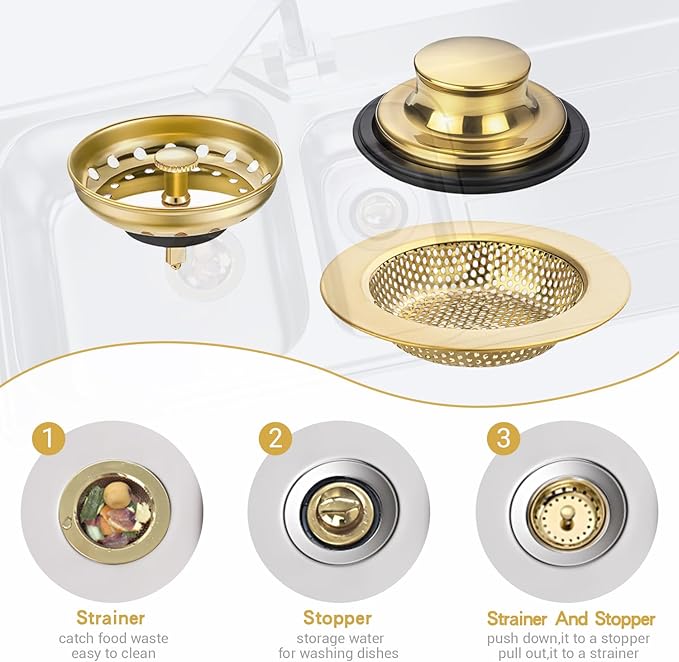 RQYEKDO 3-Pack Kitchen Sink Drain Strainer Stopper Set, Universal Anti-Clogging Stainless Steel Garbage Disposal Plug with Handle