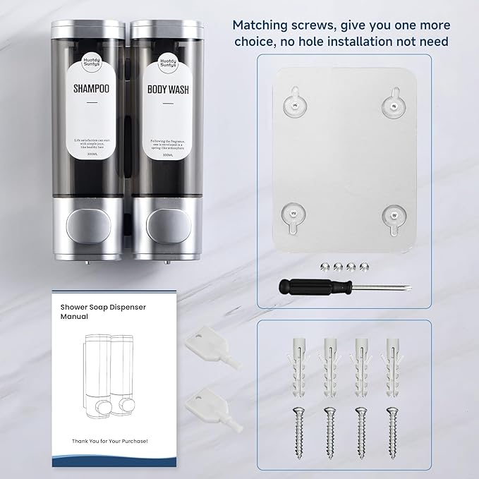 Shampoo and Conditioner Dispenser, Refillabe Shower Soap Dispensers 2 Chamber No Drill Shampoo Dispenser for Shower Wall Mounted 2 * 300ml Container for Bathroom Hotel (Sliver 2 Chamber)