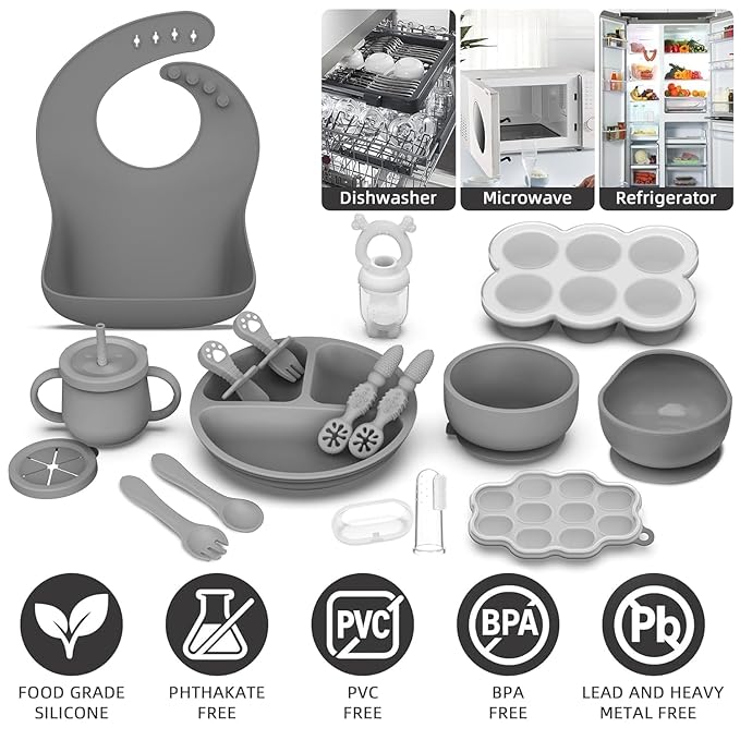 16 Pack Silicone Baby Feeding Set, BPA-Free Baby LED Weaning Supplies, Include Suction Plates, Baby Bowls, Silicone Fork & Spoon, and More, First Stage Baby Food Eating Utensils - 6+ Months(Grey,16)