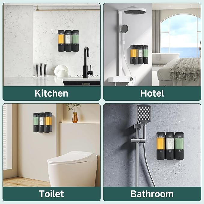 Shampoo and Conditioner Dispenser 3 Chamber 17oz No Drill Shower Soap Dispenser Wall Mounted Shampoo Conditioner Body Wash Refillable Bathroom Shower Dispenser (Black+Smoke Gray 3 Chamber)