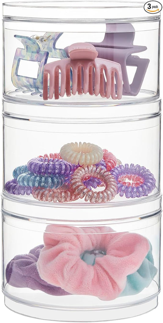 Bella Stackable Clear Plastic Container (Set of 3) Round Vanity Storage