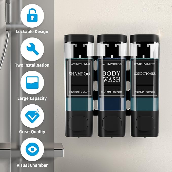 Shower Soap Dispenser No Drill, 3 Chamber Wall Mounted Shampoo and Conditioner Dispenser for Bathroom Hotel Large Capacity