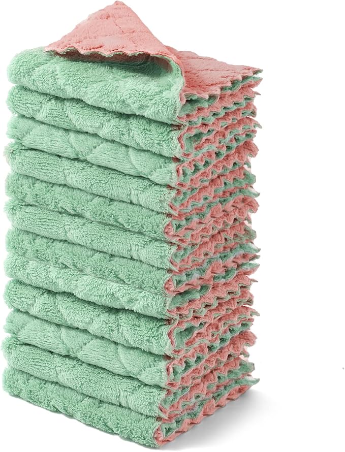kimteny 12 Pack Dish Towels, 10x10 in Premium Dish Cloths, Super Absorbent Kitchen Towels Coral Velvet Dishcloths Nonstick Oil Fast Drying Washcloths (Pink-Green)