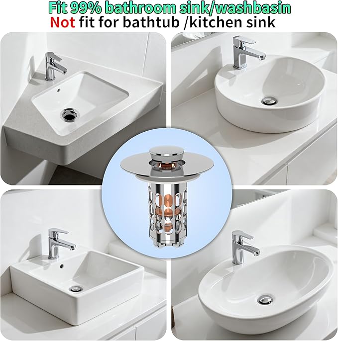 Bathroom Sink Stopper Drain Hair Catcher,3 in 1 Bathroom Sink Drain Strainer with Anti-Clogging Filter Basket