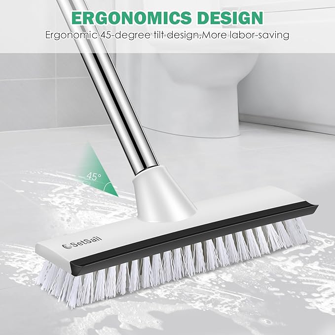 SetSail Floor Scrub Brush with 51-Inch Long Adjustable Handle 2 in 1 Scrape Brush Stiff Bristle Floor Scrubber for Cleaning Shower Bathroom Garage Kitchen Wall Deck Tub Tile, Grey Black