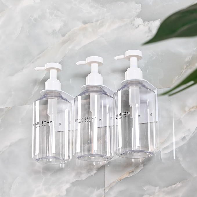 3-Chamber Shampoo & Conditioner Dispenser - Wall-Mounted Soap Dispenser Plastic Bottles with 4CC Pumps, No Drill Installation, Refillable for Bathroom, RV, Commercial Use Clear