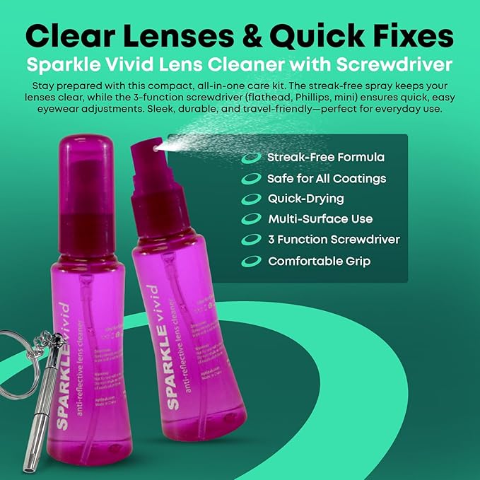 Sparkle Vivid Anti-Reflective Safe Lens Cleaner & Repair Kit – (2) 2oz Glasses Cleaner Spray, (2) Microfiber Cloth & Keychain Screwdriver for Eyeglasses, Sunglasses, Lenses & Screens (5 Piece Set)