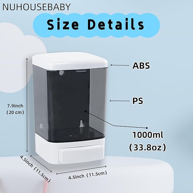 Manual Soap Dispenser Kitchen Bathroom Wall Mounted Hand Dispensers Commercial for Liquid Containers Shampoo Gel Chamber Plastic - (33.8 oz) 1000ml