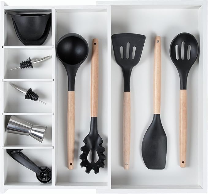 KitchenEdge Adjustable Kitchen Drawer Organizer for Utensils and Junk, Food-Safe Contract Grade with 100% Sustainable Wood