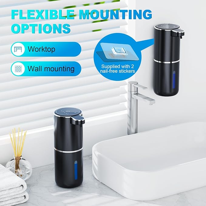 Automatic Soap Dispenser with Sensor, Rechargeable Wall Mount Touchless Soap Dispenser, 4-Level Adjustable, IPX5 Waterproof, 380ml Liquid Soap Dispenser for Bathroom, Kitchen