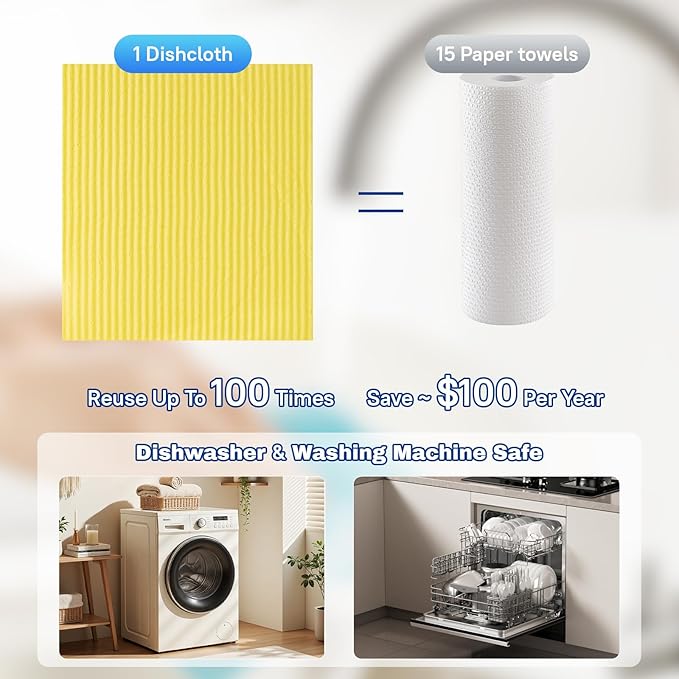 10 Pack Reusable Cellulose Sponge Cloths, Super Absorbent Washable Kitchen Cleaning Cloths, 95% Natural Cellulose + Cotton, Compostable for Dishes Counters Bathroom