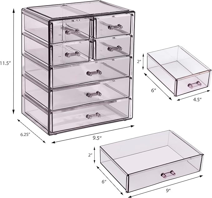 Sorbus Acrylic Makeup Organizer Set, 7-Drawer Vanity & Countertop Cosmetic Storage with Small & Wide Drawers, Purple Makeup Storage for Brushes