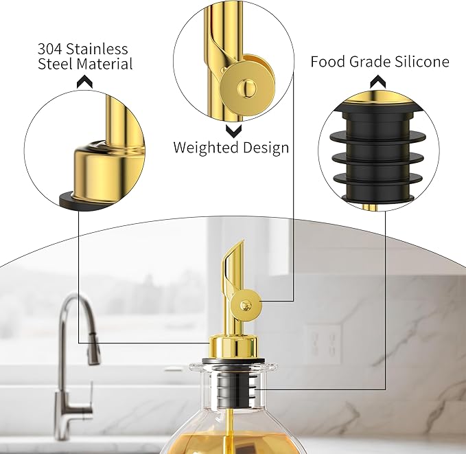 Auto Flip Liquor Pour Spouts 4-Pack, Leak-Proof 304 Stainless Steel Wine Pourer & Olive Oil Dispenser with Food-Grade Silicone for Kitchen, Bar, Restaurant (Gold)