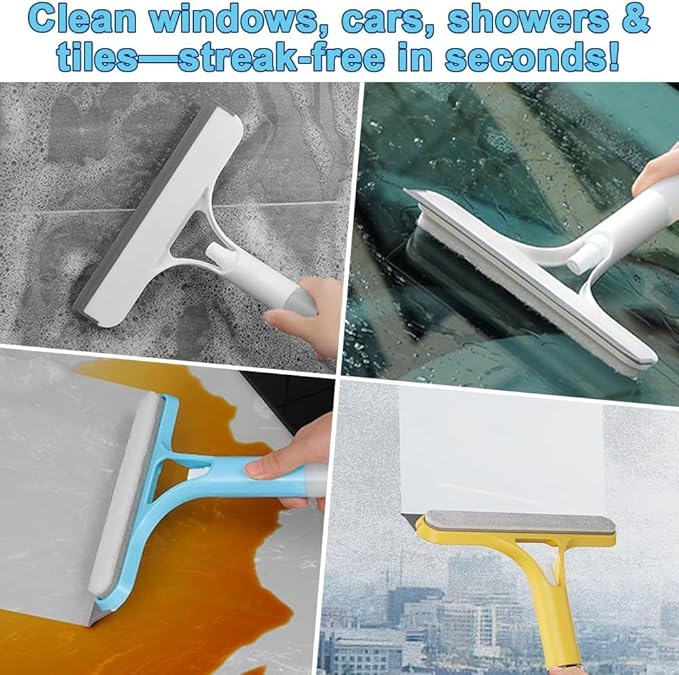 3 in 1 Window Cleaner Tool with Built-in Spray Bottle, Squeegee and Brush - 2026 New for Shower Glass, Mirrors, Car Windows (Blue)