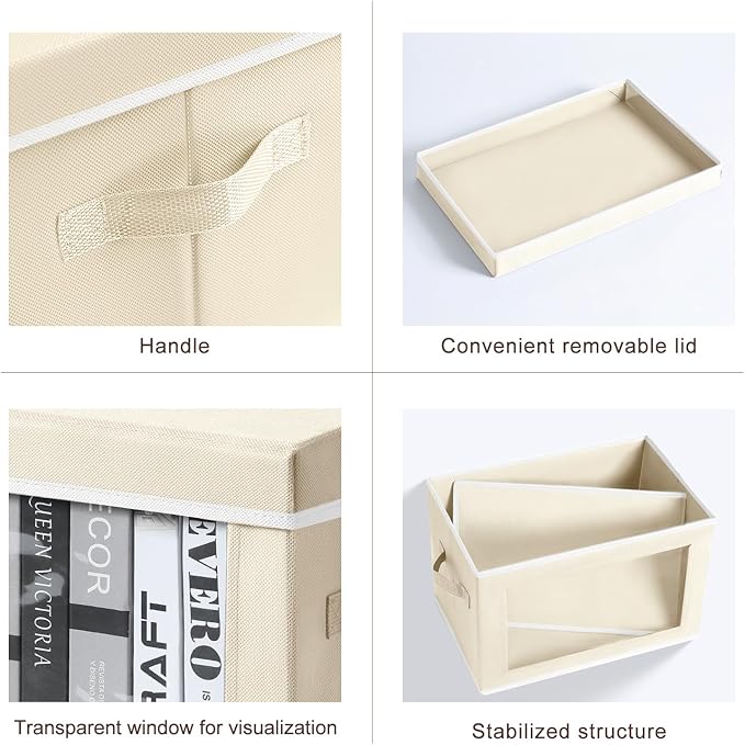 Storage Boxes with Lids, 4 Pack Fabric Clear Window Storage Bins, Beige