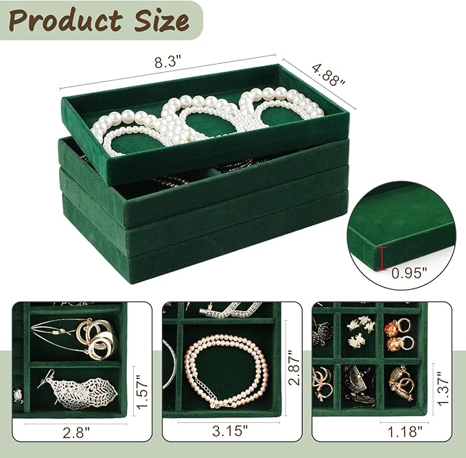 Jewelry Drawer Organizer, 8 Set of Stackable Velvet Organizer Tray