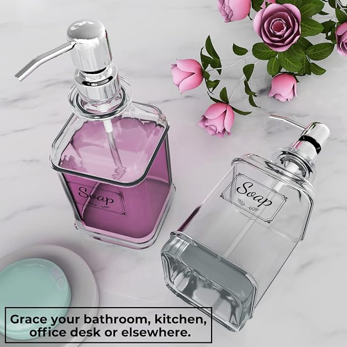 GLADPURE Soap Dispenser - 2 Pack, 18 Oz Antique Design Thick Glass Hand Soap Dispensers; with 304 Rust Proof Stainless Steel Pump, 6Pcs Clear Stickers, for Kitchen, Bathroom - Silver