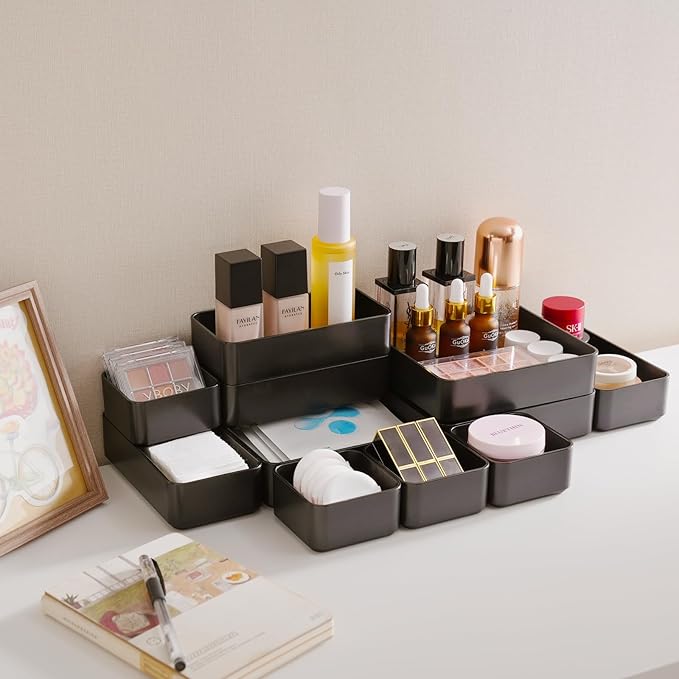 11-Piece Stackable Drawer Organizer Set, Multi-size Desk Drawer Organizer Trays Vanity Storage Bins for Storing Makeup, Stationery