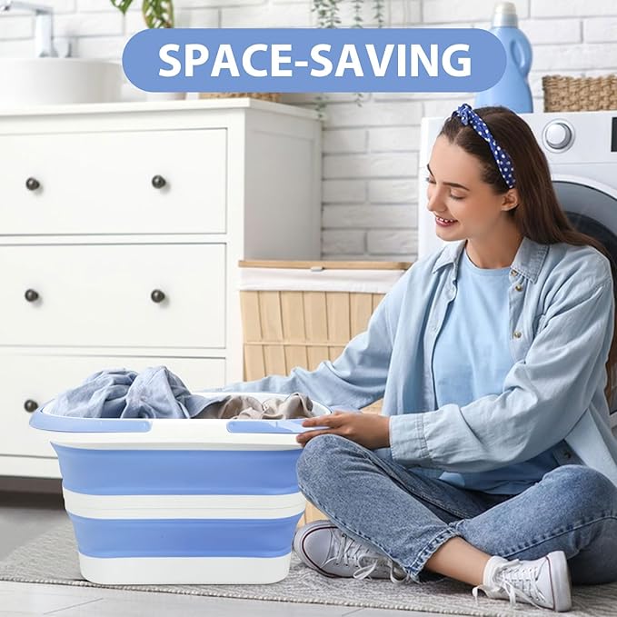 Collapsible Mop Bucket 4.2 Gallon(16L), Space-Saving Foldable Cleaning Bucket with Handle & Hanging Hole for Home, Swimming Pool, Camping, Car Wash & Outdoor(Blue White)