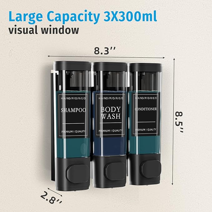 Shower Soap Dispenser No Drill, 3 Chamber Wall Mounted Shampoo and Conditioner Dispenser for Bathroom Hotel Large Capacity