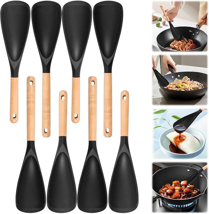 8Pack Silicone Cooking Spoons, Wooden Handle Spatula Spoon for Non-Stick Cookware, Black 4 Large 4 Small Heat Resistant Kitchen Utensils for Stirring, Scooping, Scraping, Dishwasher Safe