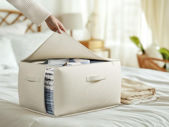 Large Canvas Clothes Storage Bags with Thick Handles and Clear Window, Foldable Cotton Linen Closet Organizer for Clothing, Blankets and Bedding, 70L