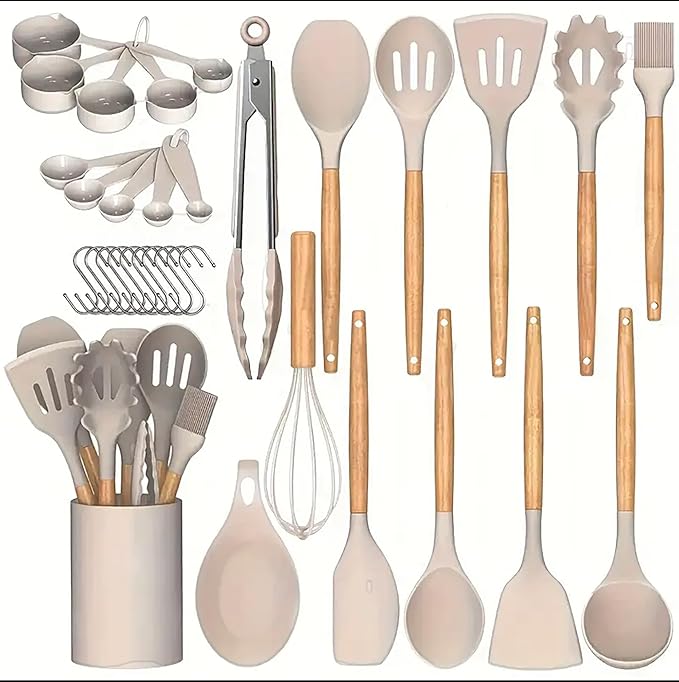 Silicone Kitchen Cooking Utensils Set, 33pcs – 446°F Heat Resistant, Non-stick, BPA-Free, Wooden Handles, Spatula, Turner, Tongs, Spoon, Brush, Whisk – Essential Cooking Gadgets (Khaki)