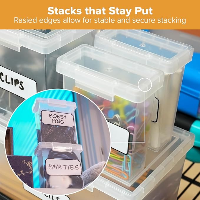 Bostitch Konnect Storage Containers with Lids, Office Organizer, Clear Plastic Box, Stackable for Crayons, Q-tips, Office Supplies, Labels, 0.5 Qt