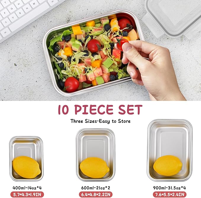 Cykorxicc 10 PC Square 304 Stainless Steel Food Containers with Lids, Airtight Bento Lunch Box, Metal Meal Prep Food Containers Reusable Stackable