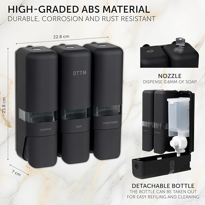 Shower Soap Dispenser 3 Chamber No Drill, Wall Mounted Shampoo Conditioner Body Wash Dispenser, Stick-On Installation, Lockable Matte Black, Refillable 250ml x 3 for Bathroom & Hotel