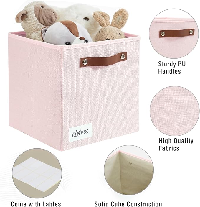 Bagnizer Collapsible Fabric Storage Cube Bins with 2 Reinforced PU Handles, Foldable Storage Organizer Baskets for Closet, Shelves, Living Room | 11"x11"x11", 4 Pack, Full Pink