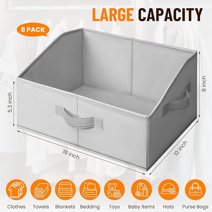 Criusia Closet Organizers Bins 8 Pack - Large Closet Shelf Organizer with Handles - Fabric Trapezoid Home Organization and Storage Baskets for Organizing Clothes Toy Blanket Towel Purse Hats