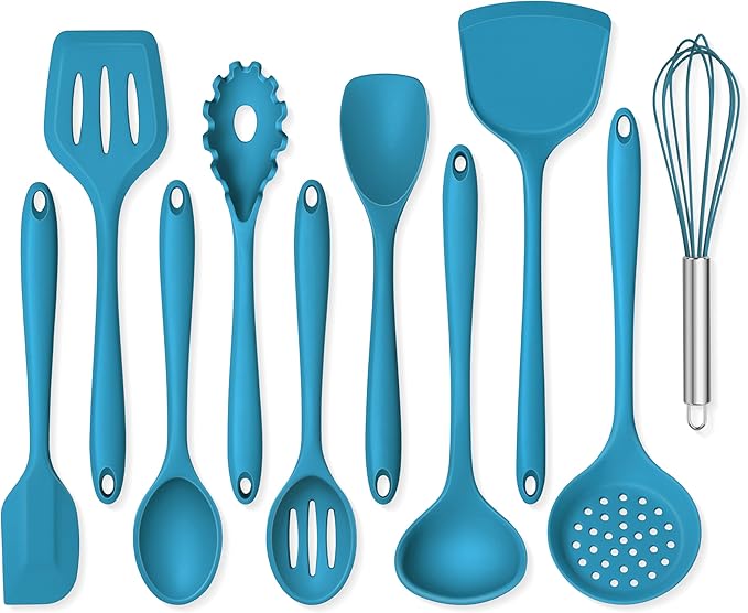 Onader Navy Blue Kitchen Utensils Set, Silicone Cooking Utensils Set of 10 with Turner Spoon Spatula Whisk Pasta Server, Dishwasher Safe
