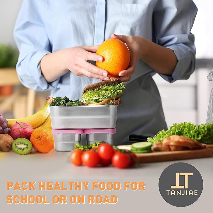 Tanjiae 3 CUP+1 CUP Stainless Steel Lunch Snack Containers Set | Leak Proof 304 Stainless Steel Food Containers with Silicone Lids - Perfect Metal Lunch Box for School and Daycare (25oz+8oz*2)