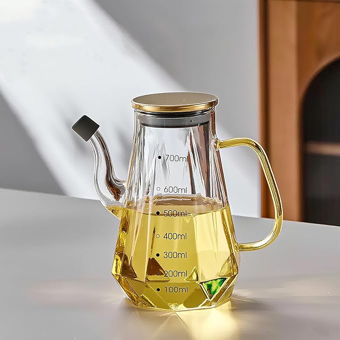 Glass Oil Dispenser Bottle - Glass Olive Oil Bottle for Kitchen, Wide Mouth Borosilicate Glass Cooking Oil Bottles with Lid and Handle (700ML)