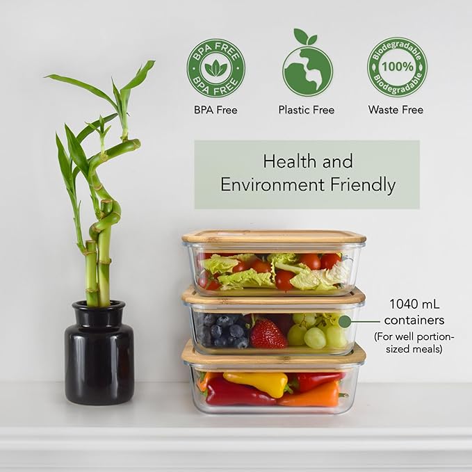 EcoPreps Glass Meal Prep Containers with Bamboo Lids (3 Pack) - 100% Plastic Free, Eco-Friendly Lunch Containers, Bamboo Lid Storage Container Set